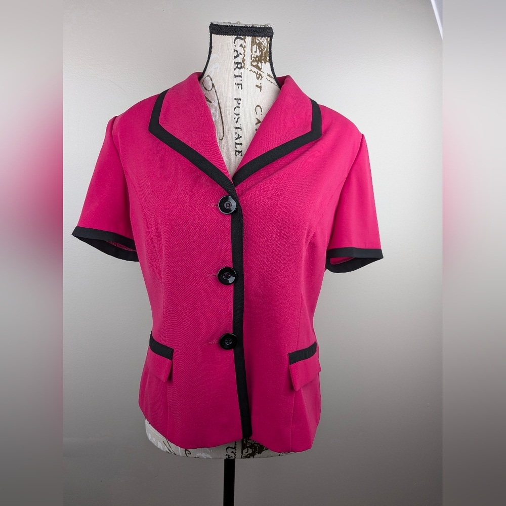 Danny & Nicole Magenta Pink Black Trim Buttoned Short Sleeve Suit Jacket 10P 90s